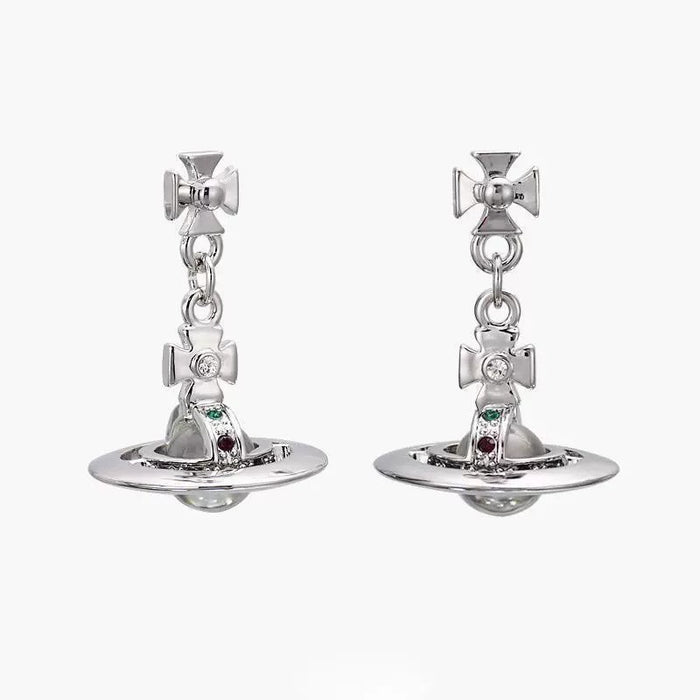 Wholesale UFO-engraved Saturn gold and silver teardrop pearl earrings