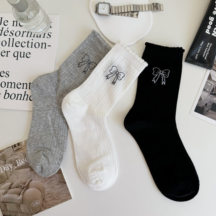 Wholesale Bow gray mid tube socks with mesh ultra-thin women's socks