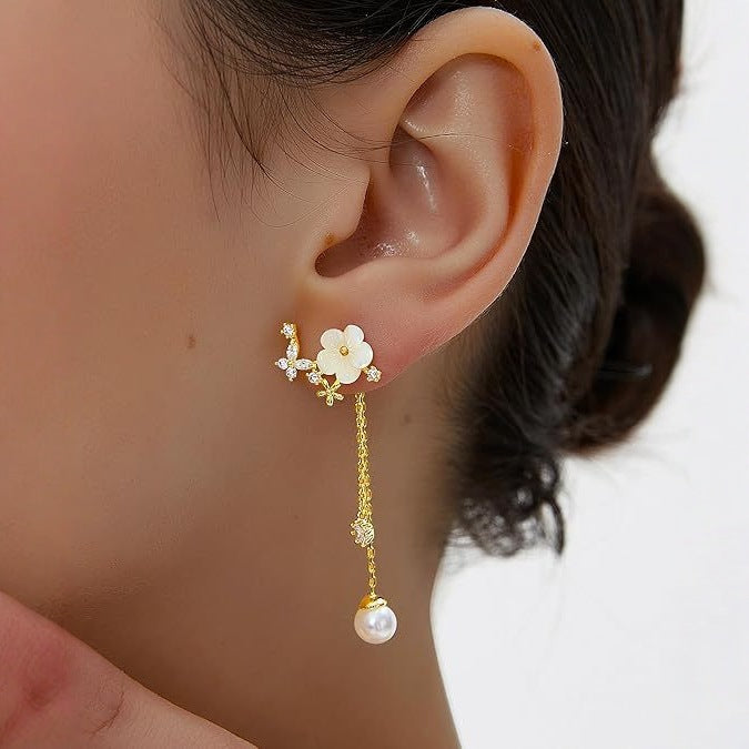 Wholesale New temperament shell flower earrings, two long tassel earrings, light luxury design earrings