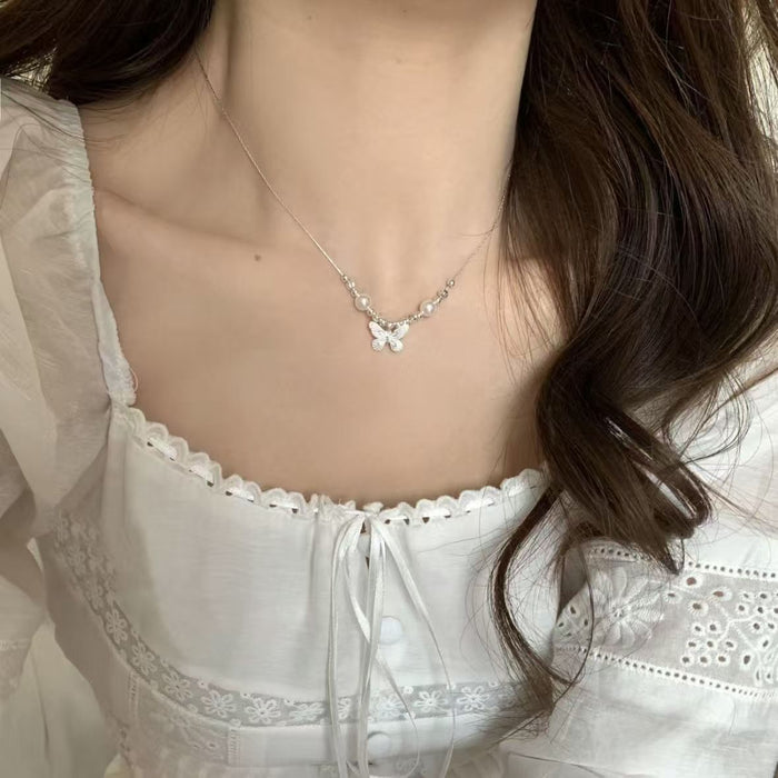 Wholesale Silver Butterfly Imitation Pearl Necklace Women's Simple All-match Fresh Gift