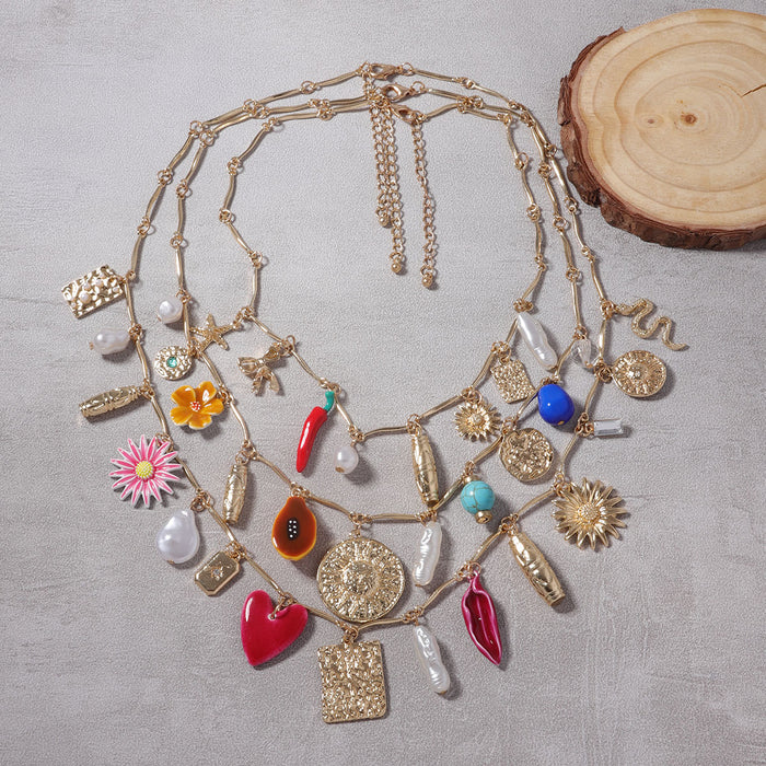 Wholesale Bohemian Fashion Multi-layer Stacked Alloy Sunflower Snake Beach Casual Women's Necklace