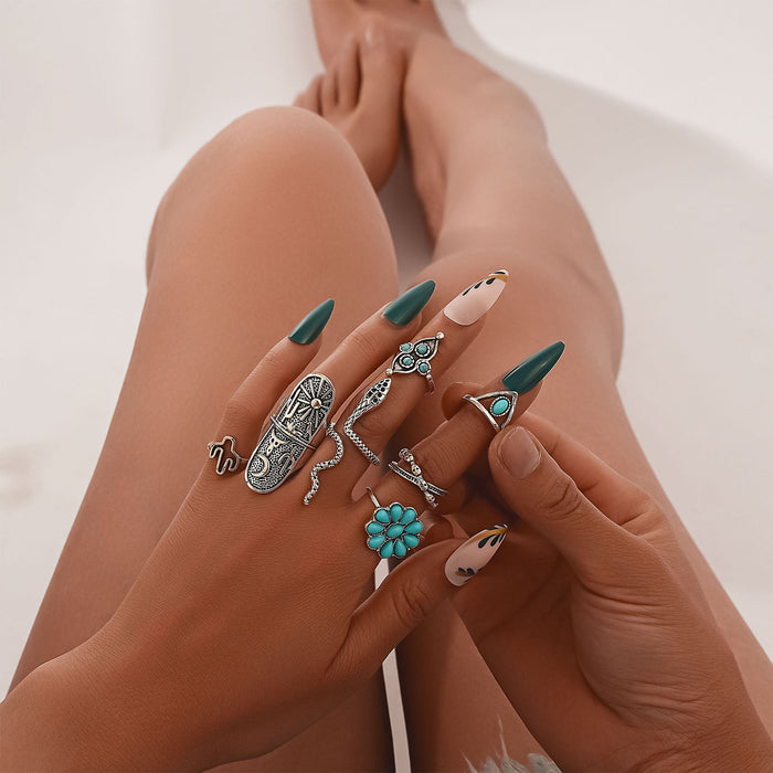 Wholesale 2pcs retro turquoise serpentine cactus 7 pieces Rings