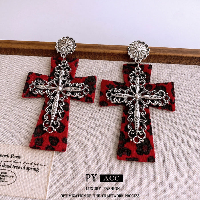 Wholesale Western-style leather leopard print cross earrings