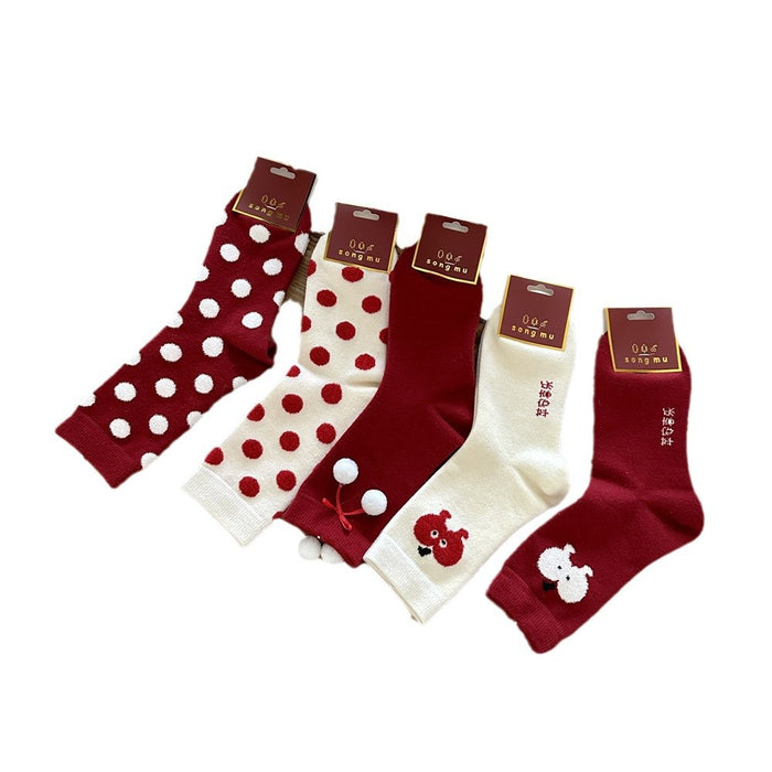 Wholesale Red Socks Children Rabbit Velvet Wave Point Middle Tube Creative