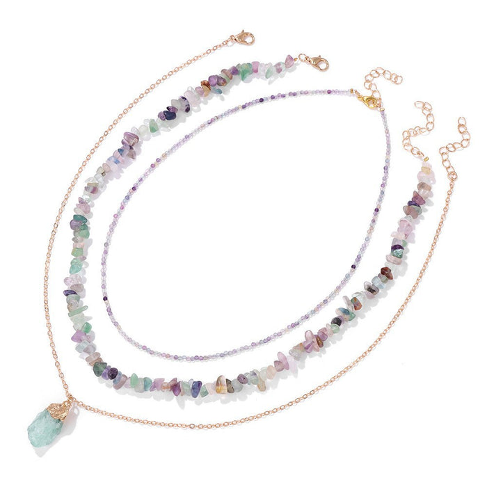 Wholesale Natural stone bead necklace with natural raw stone pendant three-layered design