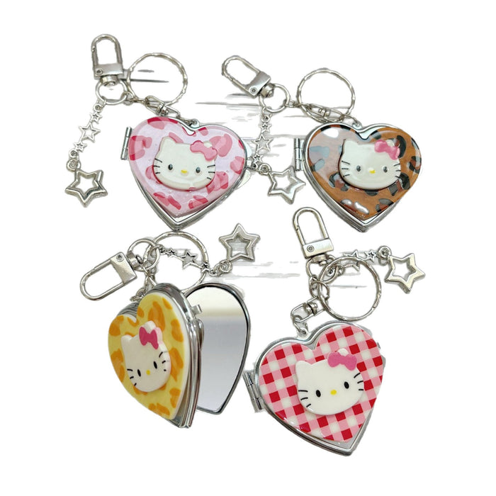 Wholesale Cute Cartoon Cat Checkered Heart Portable Mirror Keychain