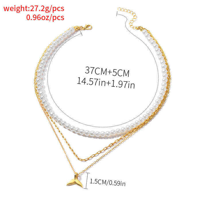 Wholesale Luxury Pearl Multi layer Stacked Necklace Versatile High end Fishtail Chain Pendant