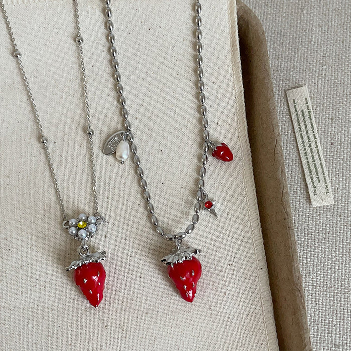 Wholesale Red Enamel Strawberry and Pearl long Necklace