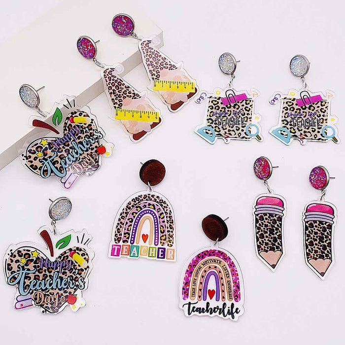 Wholesale Teacher's Day Leopard Print Pencil Acrylic Earrings JDC-ES-Chengy040