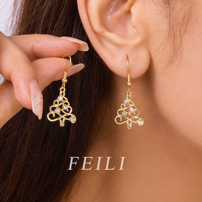 Wholesale Simple hollow diamond Christmas tree earrings for women,  versatile Christmas earrings with design