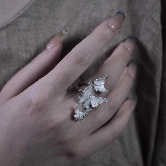 Wholesale Pure silver butterfly ring, niche design, fashionable and personalized index finger ring bracelet