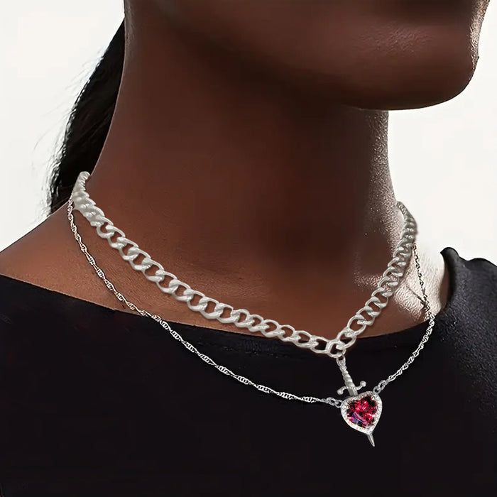 Wholesale Valentine' s Day Diamond-Encrusted Heart-Shaped Dagger Couple Pendant Set Clavicle Necklace