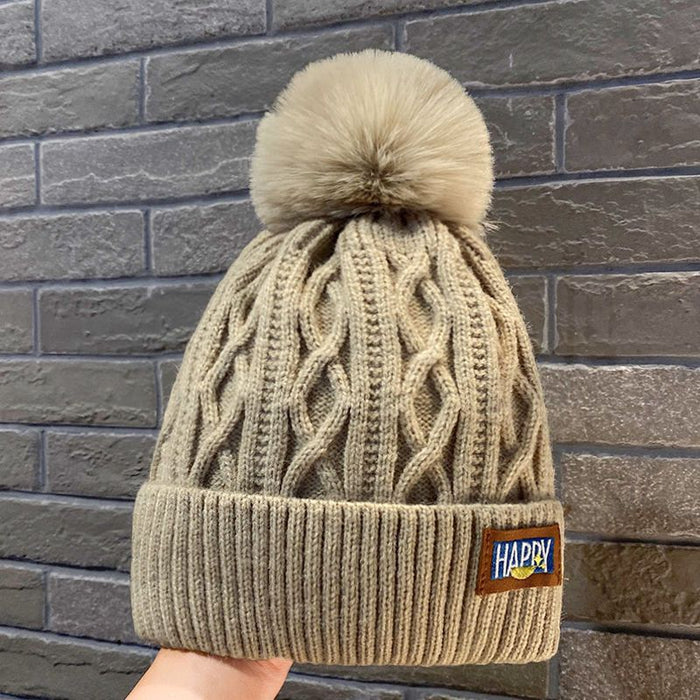 Wholesale fleece-lined Wool Hat Thickened Warm Northeast Knitted Hat Women' s Big Head Ear Protecting Hair Ball Hat White Ball Hat