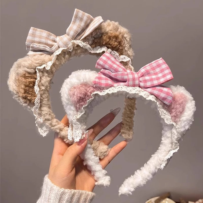 Wholesale Cute lace-trimmed bow bear ear plush headband