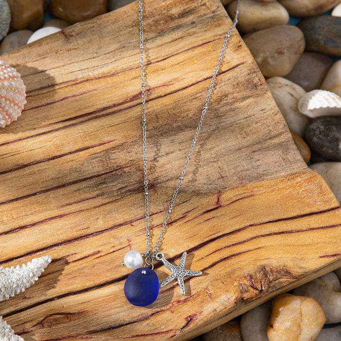 Wholesale Zinc alloy starfish and seashell pendant necklace with glass chain