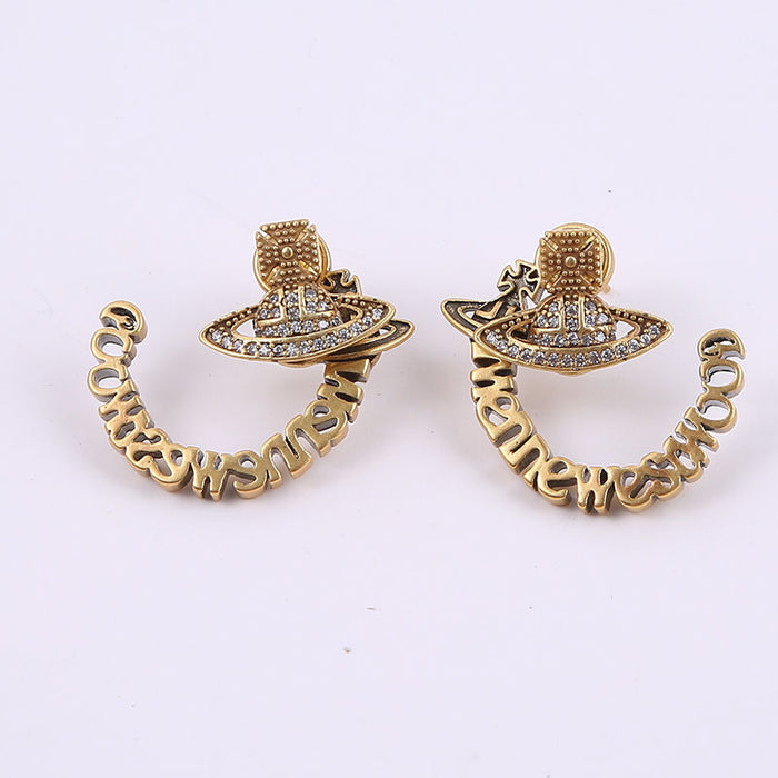 Wholesale Saturn full diamond letter earrings retro old planet earrings