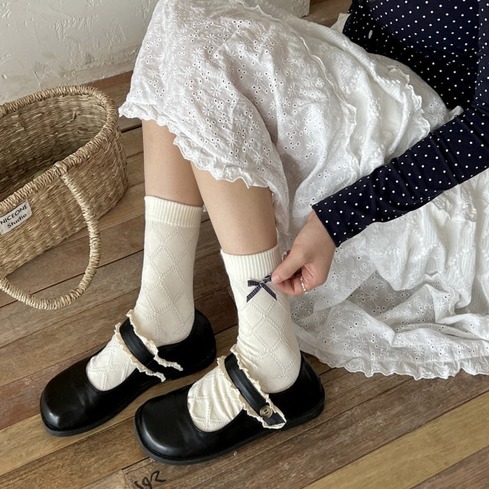 Wholesale Retro navy blue bow socks, children's mid length socks, pure cotton socks
