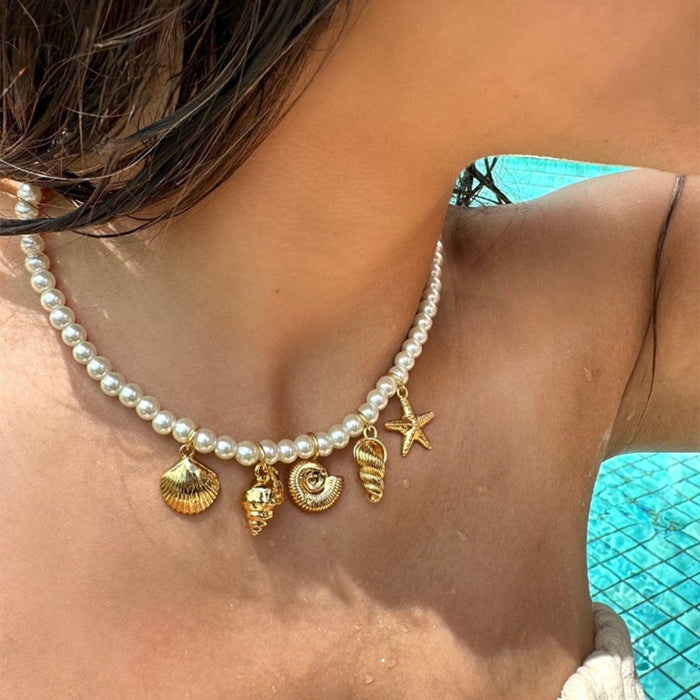 Wholesale Alloy Shell Starfish Conch Pendant Necklace Accessible Pearl Jewelry Necklace