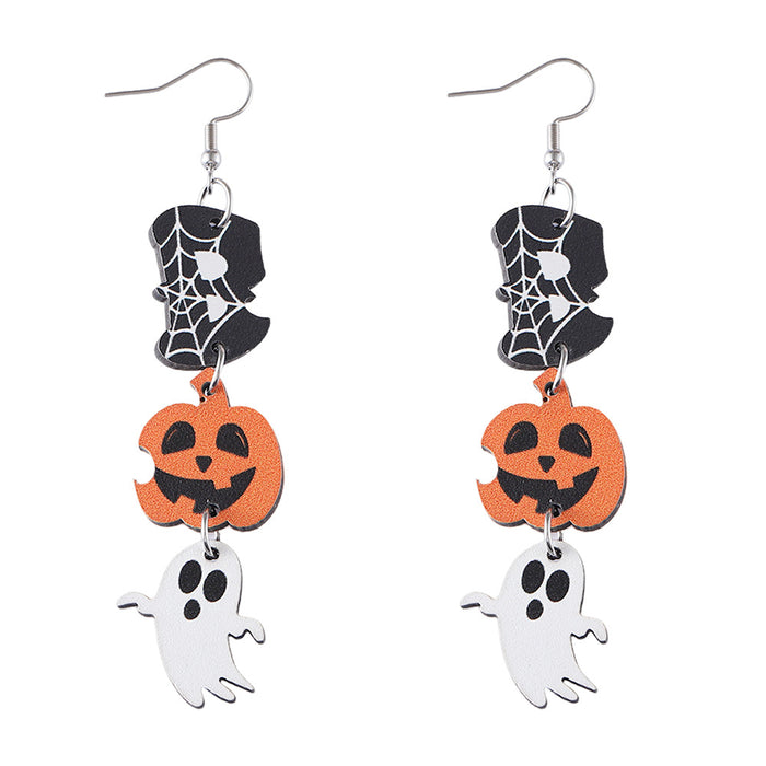 Wholesale  Ghost Pumpkin Ghost Triple ing Pendant Earrings Wooden Gothic Double-sided Earrings