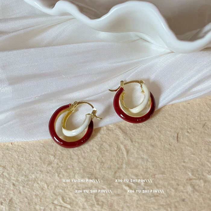 Wholesale Vintage wine red contrasting earrings, niche design, high-end temperament, fashionable personality, versatile earrings