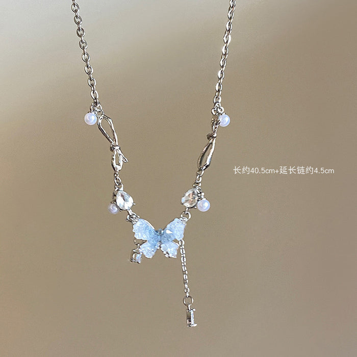Wholesale Gradient ice crystal pearl butterfly tassel necklace collarbone chain neck chain accessory
