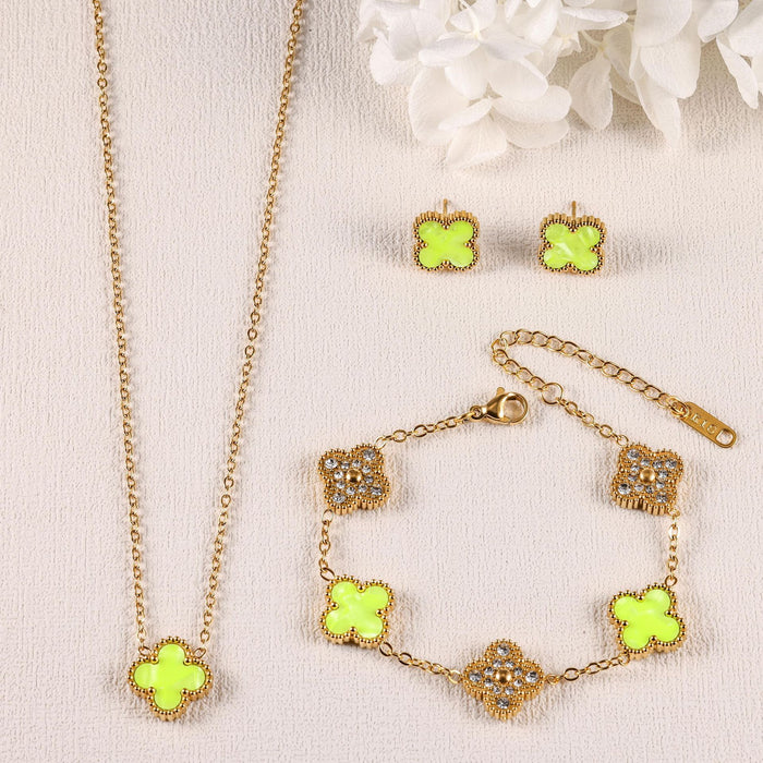 Wholesale Stainless Steel Four-Leaf Clover Three-Piece Gold-Plated Jewelry Set