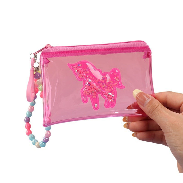 Wholesale Waterproof Unicorn PVC Transparent Card Bag With Quicksand Design Pink Bead Chain Coin Purse