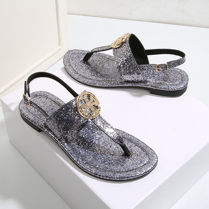 Wholesale Crystal Sequin Simple Low Heel Flat Large Size Sandals JDC-SD-ChengMei001