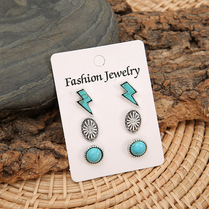 Wholesale Turquoise earrings lightning turquoise alloy earrings three piece set