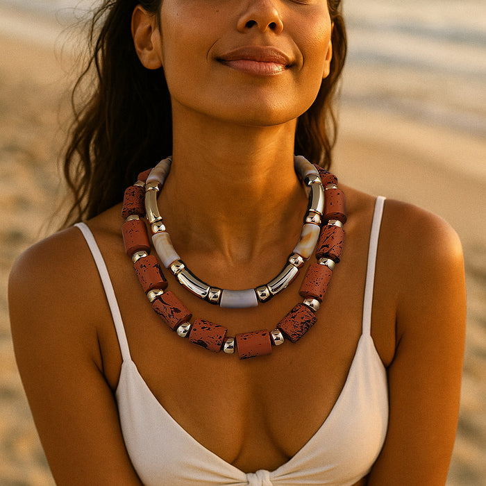 Wholesale Double-Layer Stacked Wooden Resin Bamboo Necklace Accessories