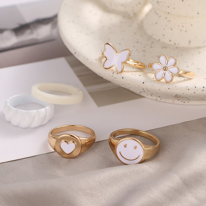 Wholesale Alloy Oil Drop Butterfly Smiley Face Ring 6-piece Set JDC-RS-HanShi008