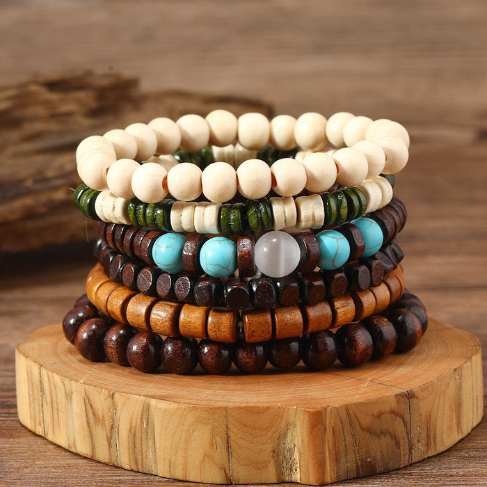 Wholesale New Retro Style Wooden Beads Turquoise Alloy Accessories Mixed Bracelets Men's Beaded Bracelet Set JDC-BT-XH005