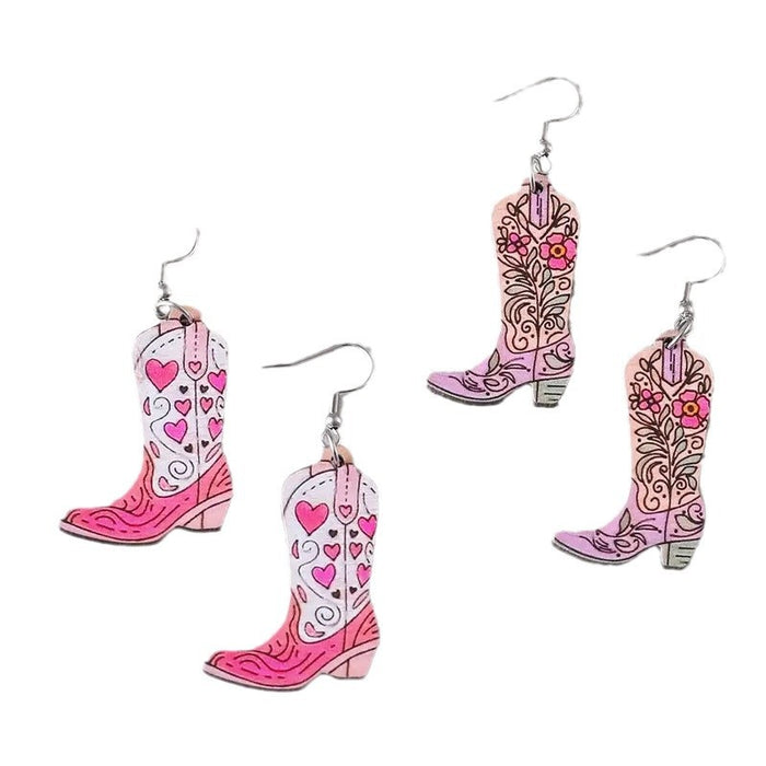 Wholesale Western style pink heart flower leaf double-sided pattern cowboy boots wooden earrings fashion gift
