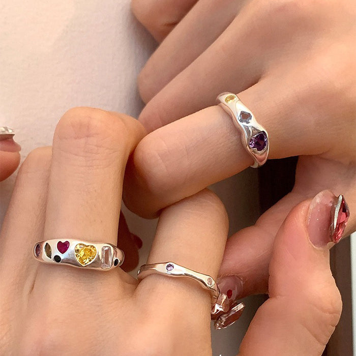Wholesale Irregular alloy metal colored zircon heart ring, niche retro personality, simple and versatile temperament ring