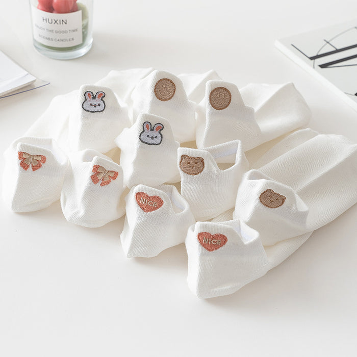 Wholesale Embroidered socks with heart-shaped heel, shallow socks, cotton socks, cute low cut, smiling face, bow socks