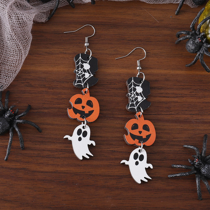 Wholesale  Ghost Pumpkin Ghost Triple ing Pendant Earrings Wooden Gothic Double-sided Earrings