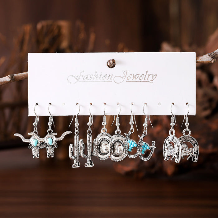 Wholesale Western cowboy bull head cactus horseshoe turquoise pendant earrings set earrings gift