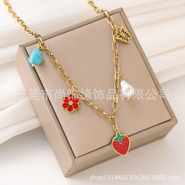 Wholesale Fashionable Retro New Blue Turquoise Colorful Petal Flower Accessories Drip Oil Hanging Titanium Steel Pendant Necklace