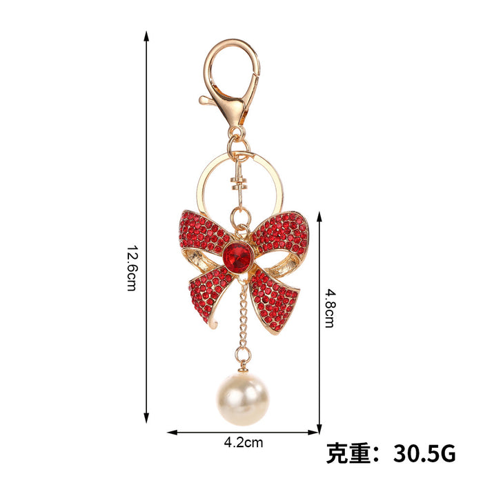 Wholesale Red Rhinestone Pearl Bow Keychain Bag Charm Car Key Accessory Birthday Gift MOQ≥2