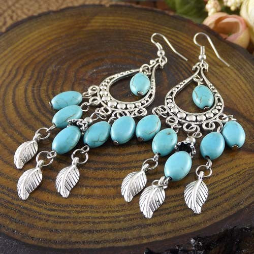 Wholesale Tassel turquoise earrings, retro ethnic style earrings, personalized temperament earrings