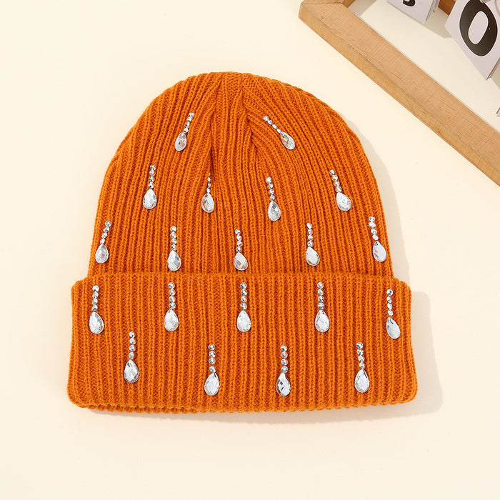 Wholesale Pearl sparkling diamond knitted hat,  double-layer outdoor warm woolen hat
