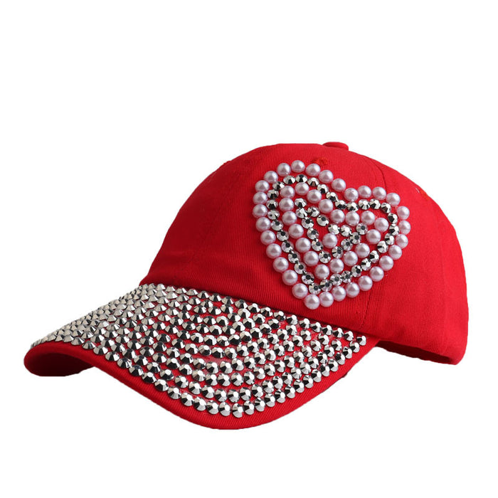 Wholesale Full-brimmed rhinestone baseball cap with heart-shaped rhinestone pattern