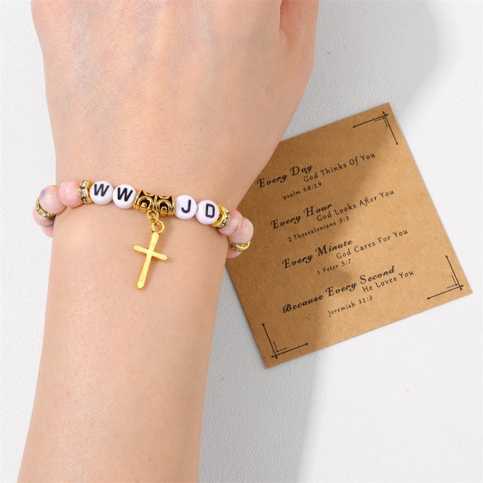 Wholesale Cross pendant bracelet with stone beads pink zebra jasper and agate