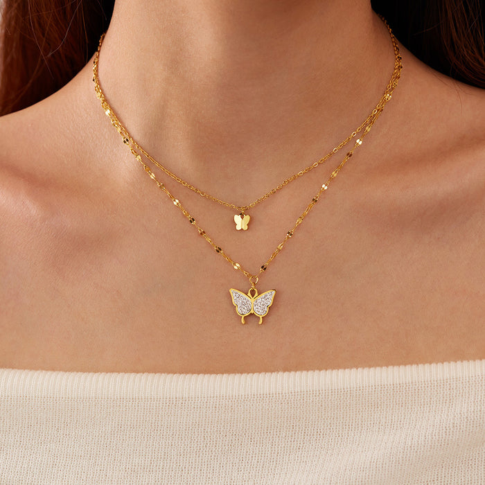 Wholesale Stainless steel exquisite butterfly inlaid with diamonds, double-layer stacked collarbone chain