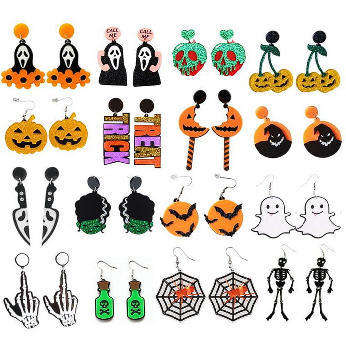 Wholesale  Halloween Asymmetrical Glitter Letter Horror Pumpkin Knife Ghost Skeleton Spider Acrylic Exaggerated Earrings JDC-ES-Qiany005