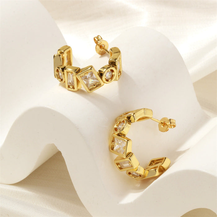 Wholesale Copper-plated 18K Gold Zircon C-shaped Stud Earrings JDC-ES-TianYi002
