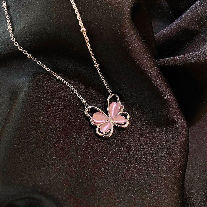 Wholesale High end cat eye stone necklace with hollowed out butterfly collarbone chain, light luxury niche accessory