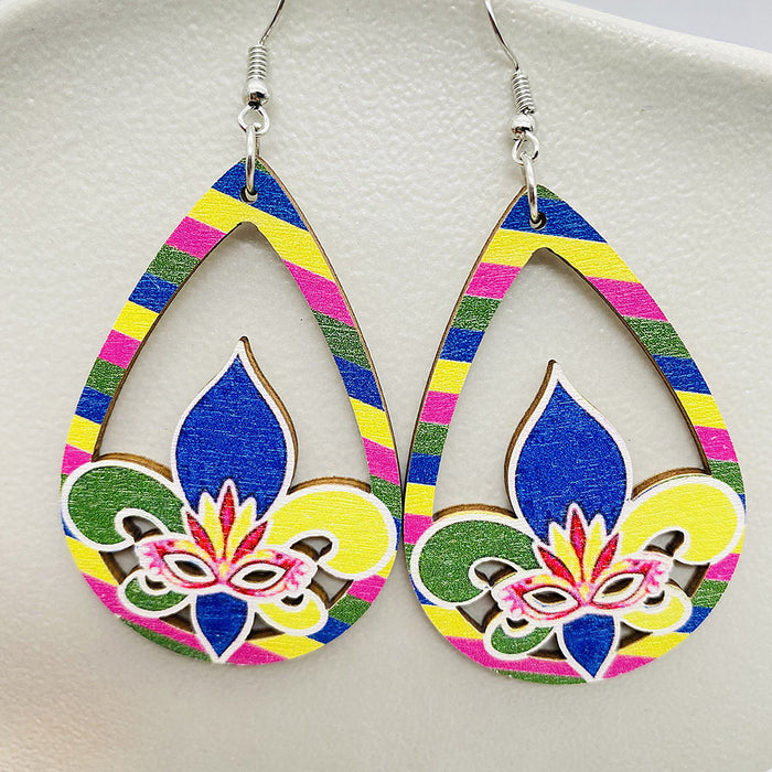 Wholesale Earrings Carnival Colored Festive Accessories Exaggerated Masks Water Droplets Hollow Wooden Earrings JDC-ES-YaChen008