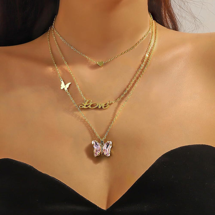 Wholesale Multi layer butterfly necklace with a light luxury and high-end feel, blue crystal butterfly pendant, collarbone chain