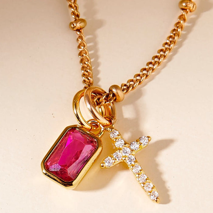 Wholesale Fully encrusted cubic zirconia cross birthstone necklace